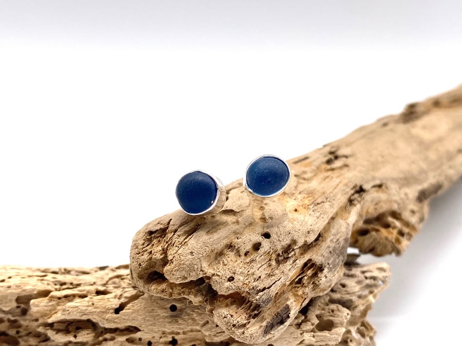 Blue Sea Glass Stud Earrings