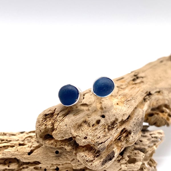 Blue Sea Glass Stud Earrings