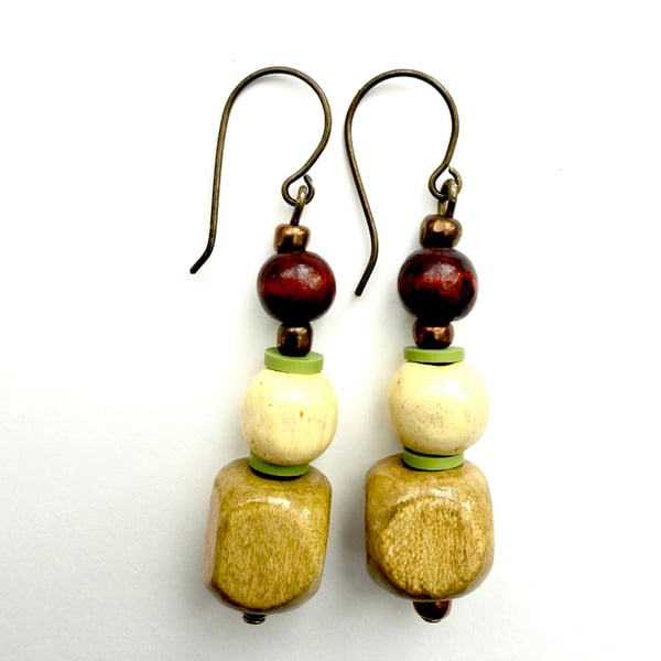 Light Brown Green Cream and Dark Brown Boho Drop Earrings