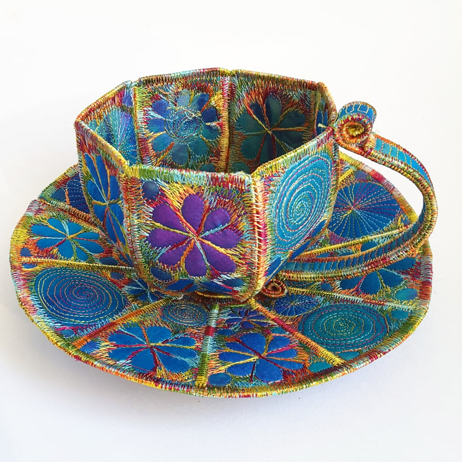 3D Tea Cup and Saucer Free Machine Embroidery Textile Art Colourful Hand Dyed