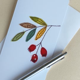 Embroidered Rosehips Greeting Card