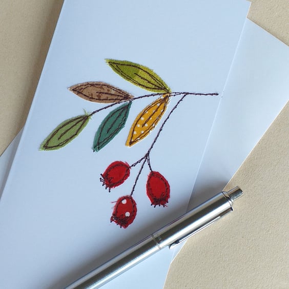 Embroidered Rosehips Greeting Card