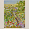 A Mounted Acrylic Painting of Flowers and a Garden Path. 10 x 8 inches.