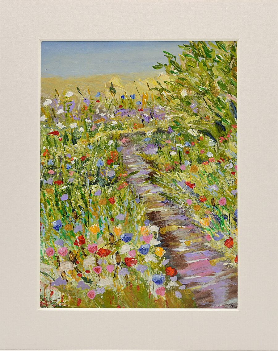A Mounted Acrylic Painting of Flowers and a Garden Path. 10 x 8 inches.