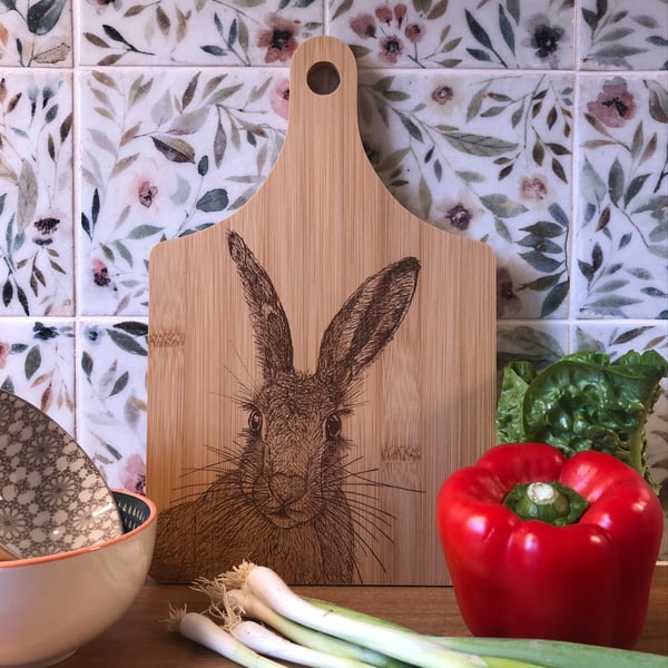 Bamboo wooden hare chopping board laser engraved with original artwork