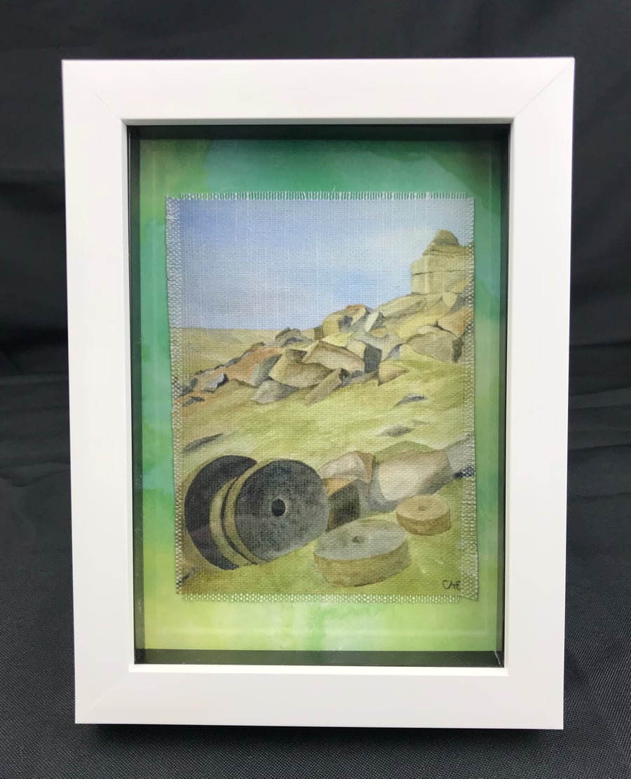 Framed Derbyshire Millstone Watercolour Textile Picture