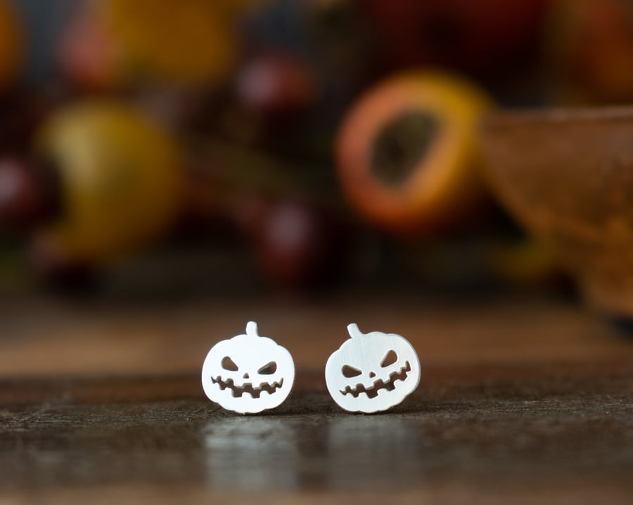 Scary Pumpkin Silver Stud Earrings