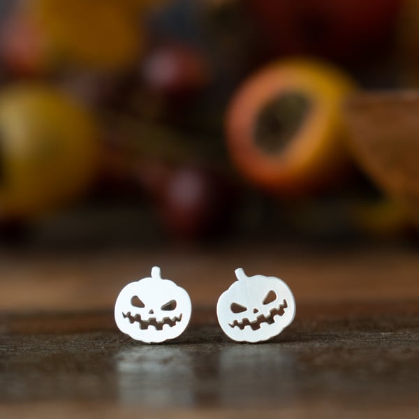 Scary Pumpkin Silver Stud Earrings