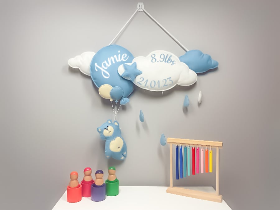 Sky Blue Balloon - Personalised felt nursery wall and door sign