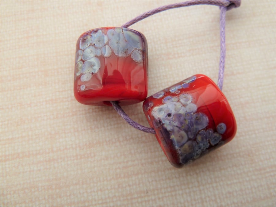 red and purple frit handmade lampwork glass beads