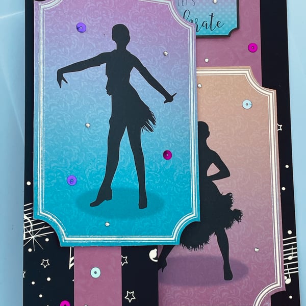 Latin dancers sparkling let's celebrate birthday card