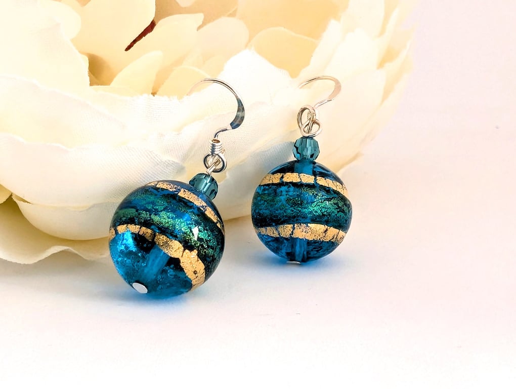 Sea Blue Murano Glass Drop Earrings, 22kt Gold Core, Sterling Silver Earwires