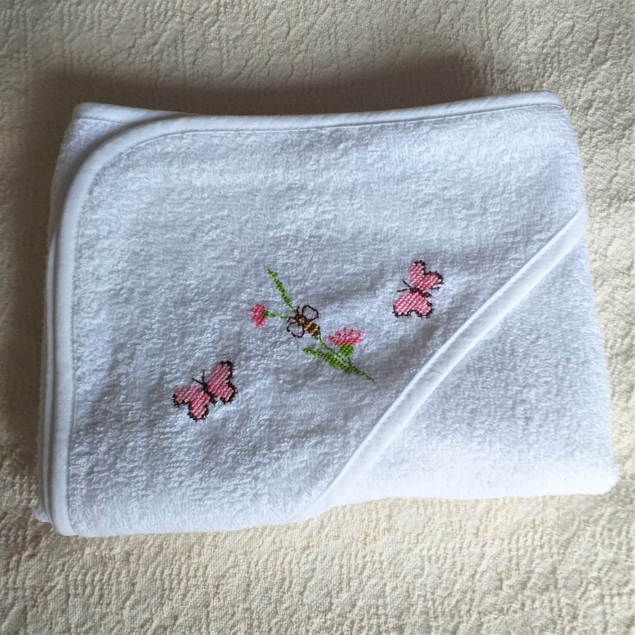Hooded Baby Towel with hand embroidered butterflies and a bee