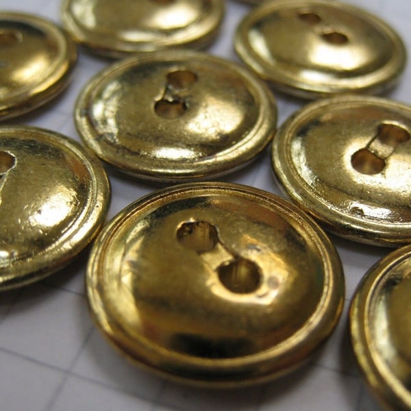 10 Small Flat Brassy Buttons, Metal Rim Buttons