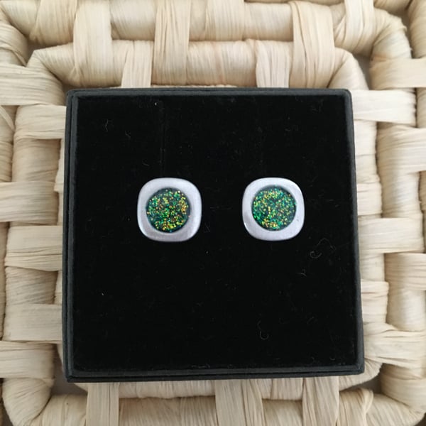 Pretty Green and Gold Stud Earrings
