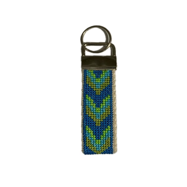 Bargello Cross Stitch Keyring: Turquoise Embroidered Key Fob