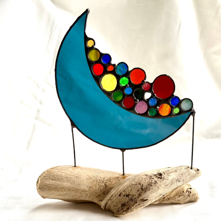‘Keep Dreaming’ whimsical stained glass moon on driftwood, Dopamine decor art