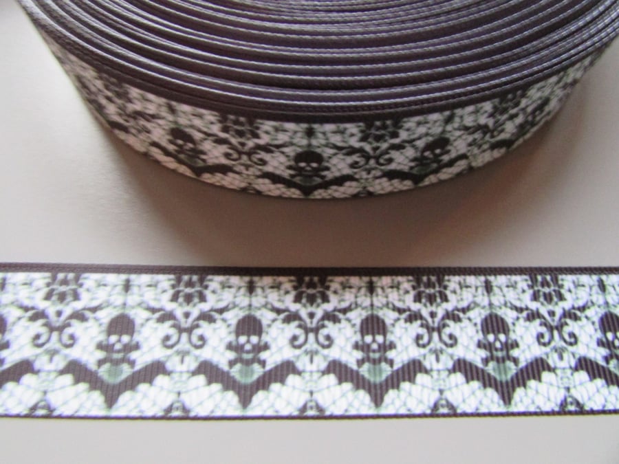 Skull and Bat Black and White 2.5cm Grosgrain Ribbon x 1 metre