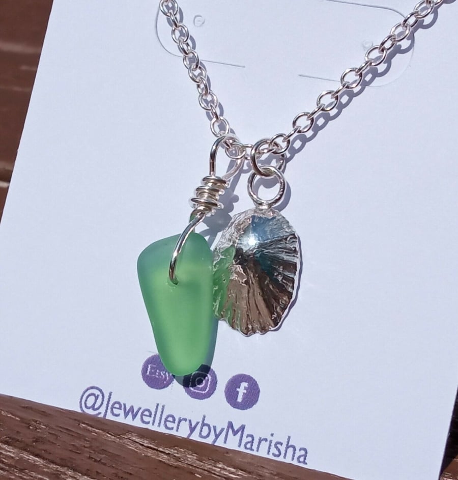 Fine Silver Limpet Seashell and Lime Seaglass Charms on Silver .925 Necklace
