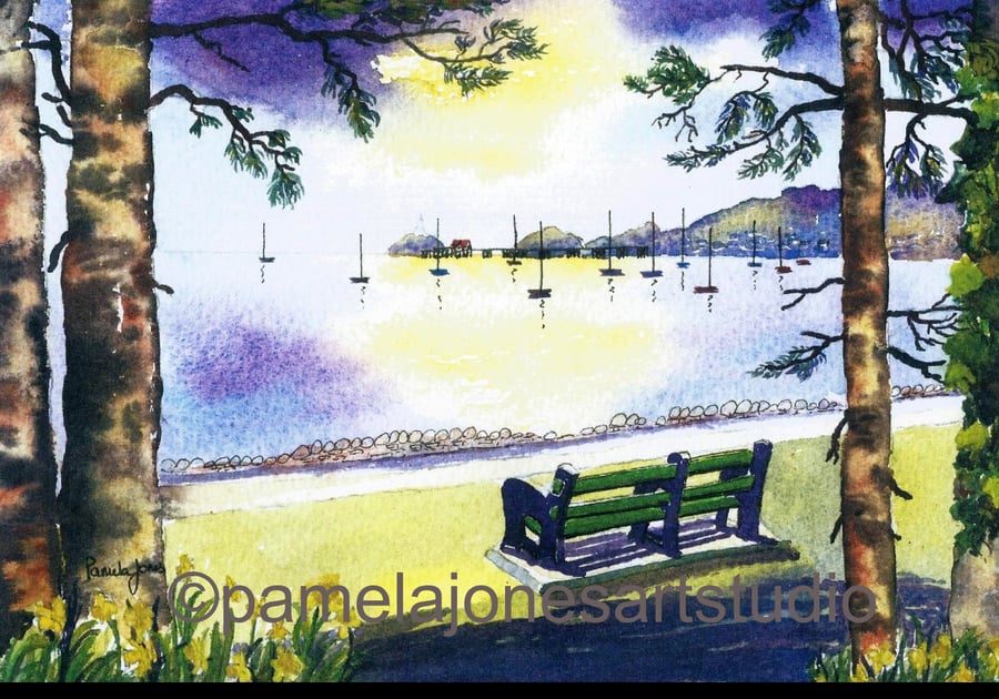 Bench, West Cross, Mumbles, Swansea Bay, Watercolour Print in 14 x 11'' Mount