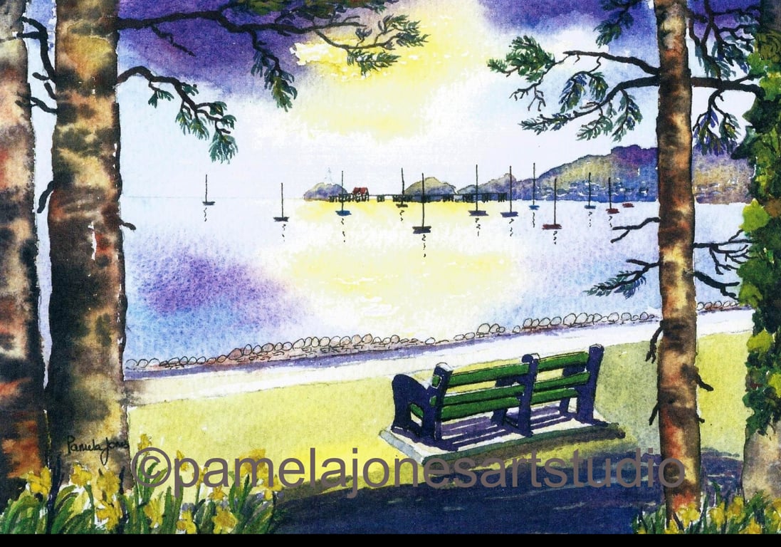 Bench, West Cross, Mumbles, Swansea Bay, Watercolour Print in 14 x 11'' Mount