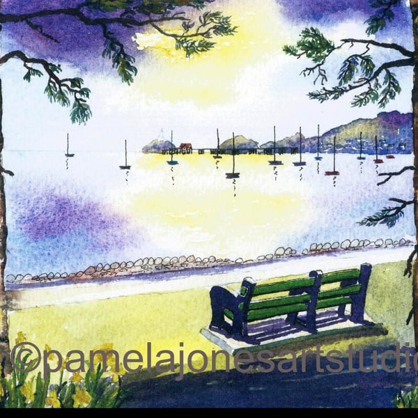 Bench, West Cross, Mumbles, Swansea Bay, Watercolour Print in 14 x 11'' Mount