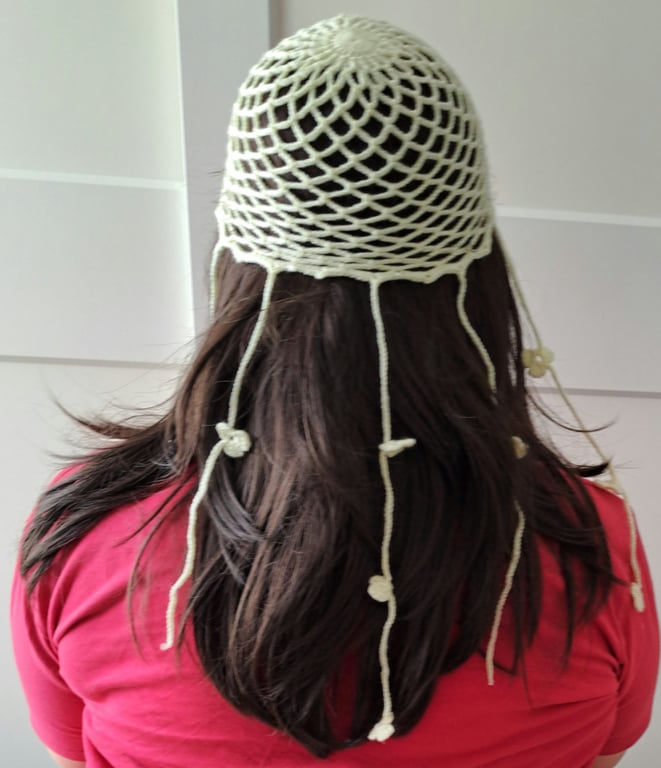 Handmade Crochet Mesh Hat – Cream Summer Hat with Long Straps