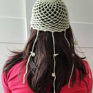 Handmade Crochet Mesh Hat – Cream Summer Hat with Long Straps
