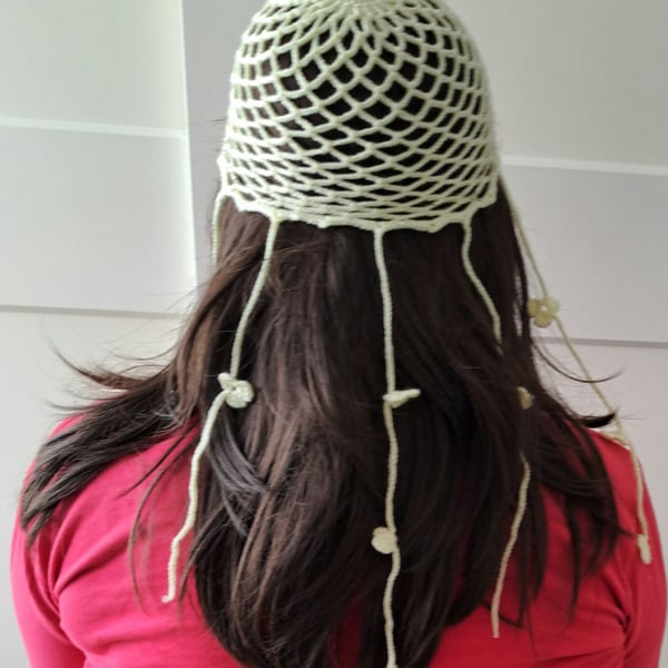 Handmade Crochet Mesh Hat – Cream Summer Hat with Long Straps