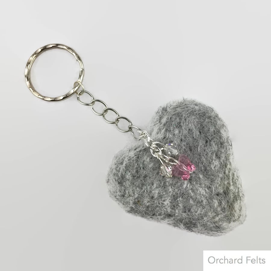 Grey needle felted heart and beaded key fob, key ring with Swarovski elements