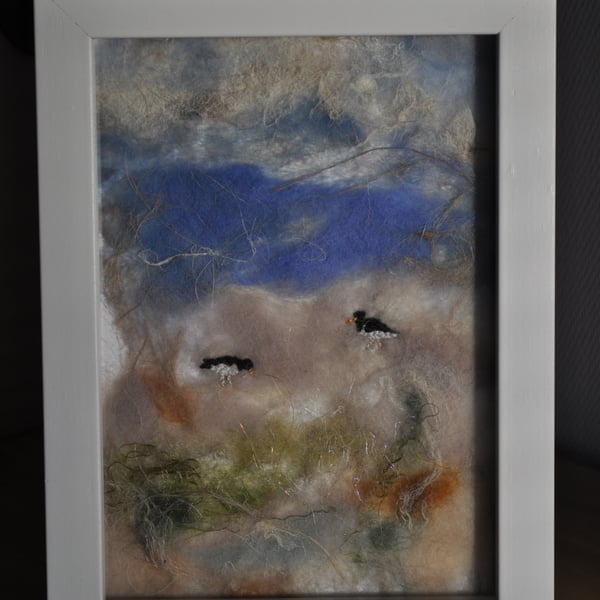 Oystercatcher seascape on handmade silk paper in a frame