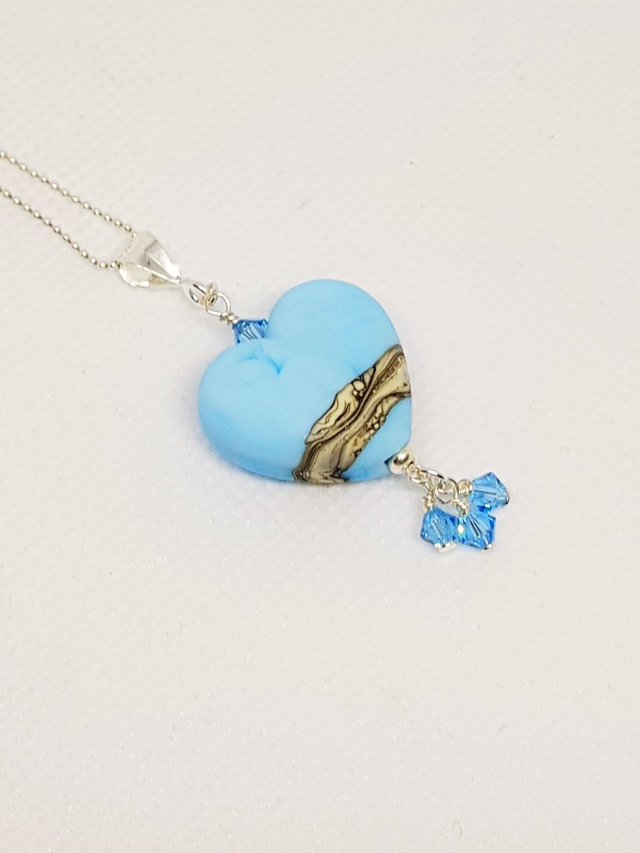 Blue Lampwork Glass Heart Focal Bead Necklace on sterling silver chain