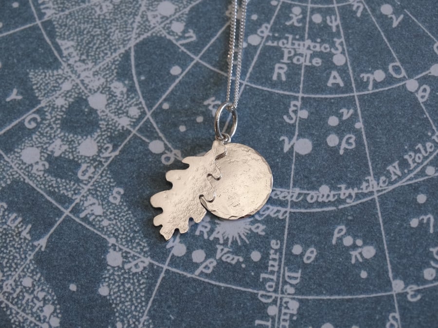 Oak moon pendant in recycled sterling silver