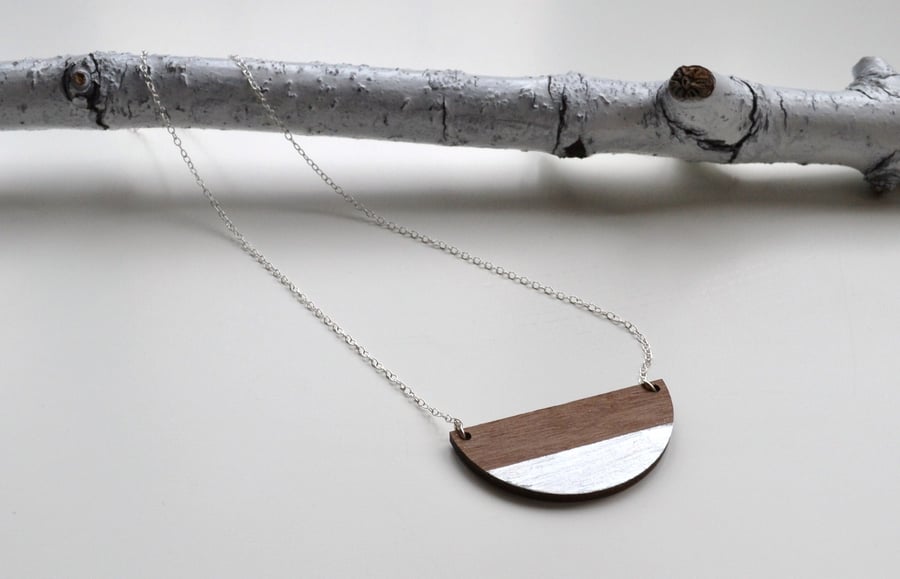 Wooden Semi Circle Contemporary  Necklace with Silver Leaf