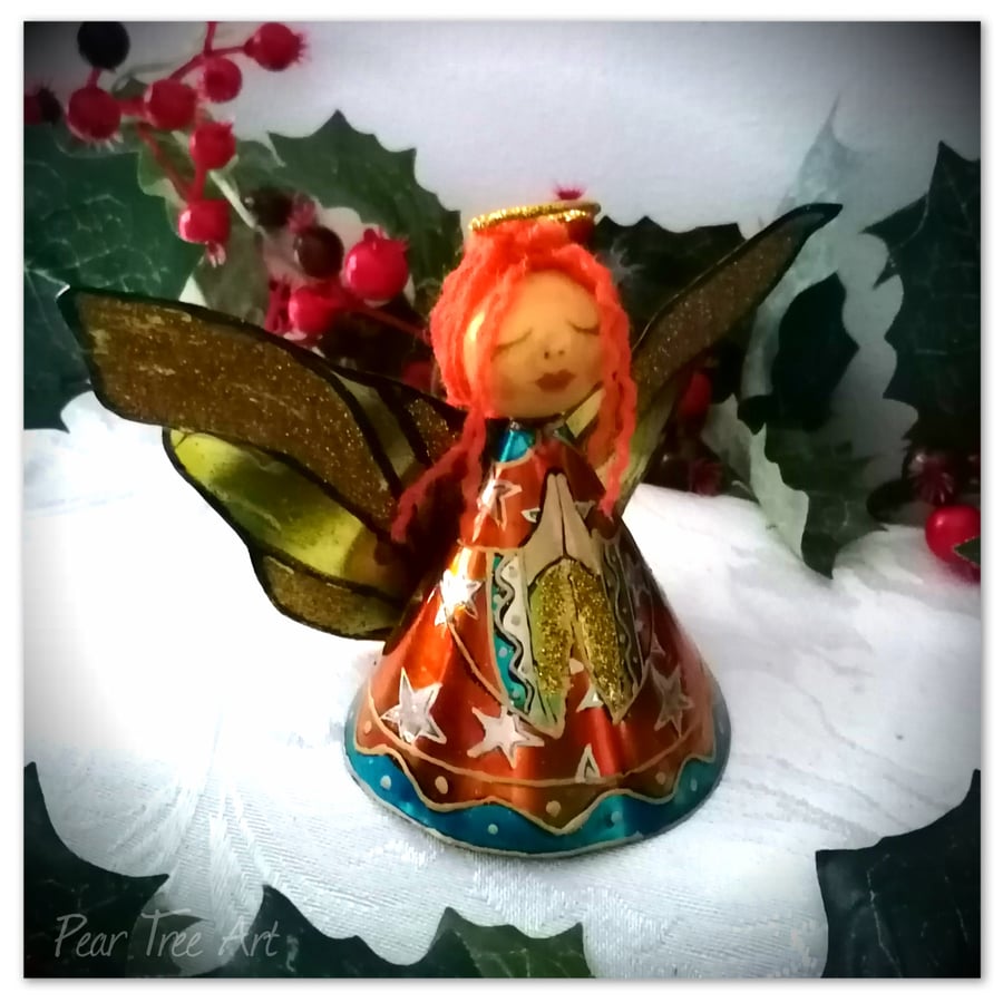  Medium: Tin Angel Christmas Tree decoration (Turquoise and Orange) 