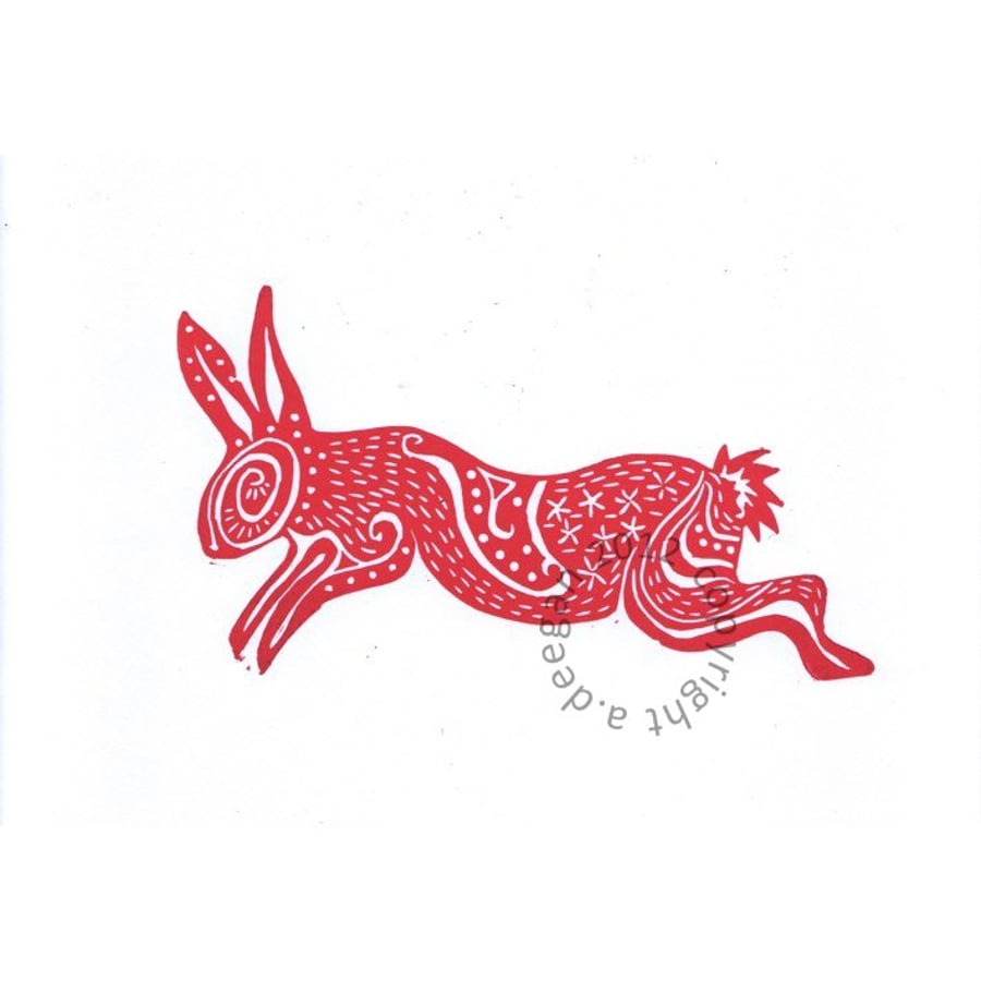 Original lino cut print Spiral Rabbit in Red