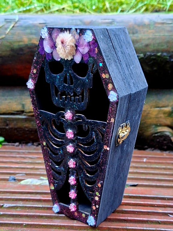Wooden Coffin Trinket Jewellery Box gothic skeleton 