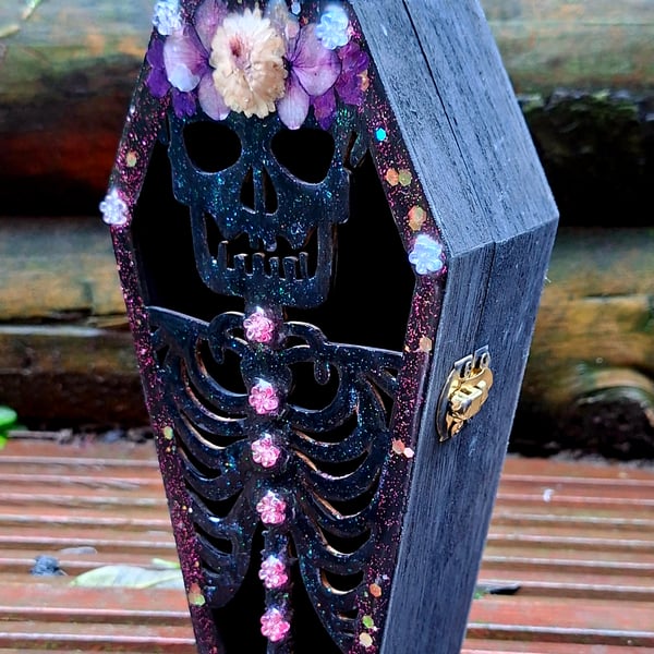 Wooden Coffin Trinket Jewellery Box gothic skeleton 