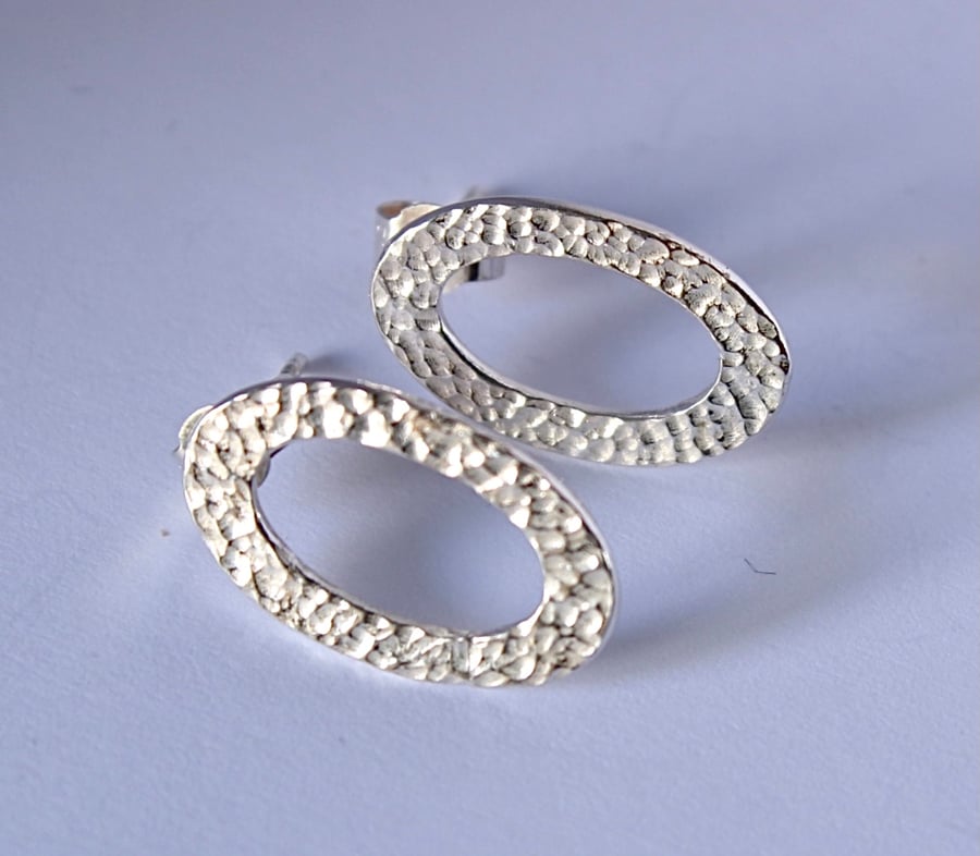 Handmade Sterling Silver Oval textured stud earrings