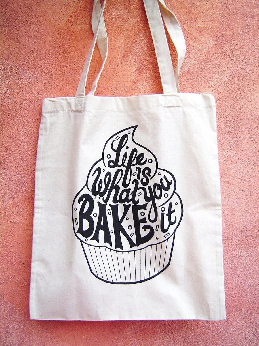 Screen Printed Cupcake Typography Tote Bag Seconds Sunday