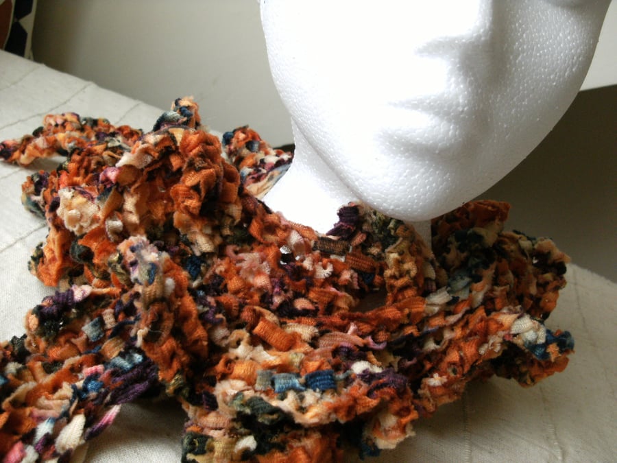 SALE! Long Curly Hand-dyed Merino Tape Scarf in Terracotta, Cream & Teal