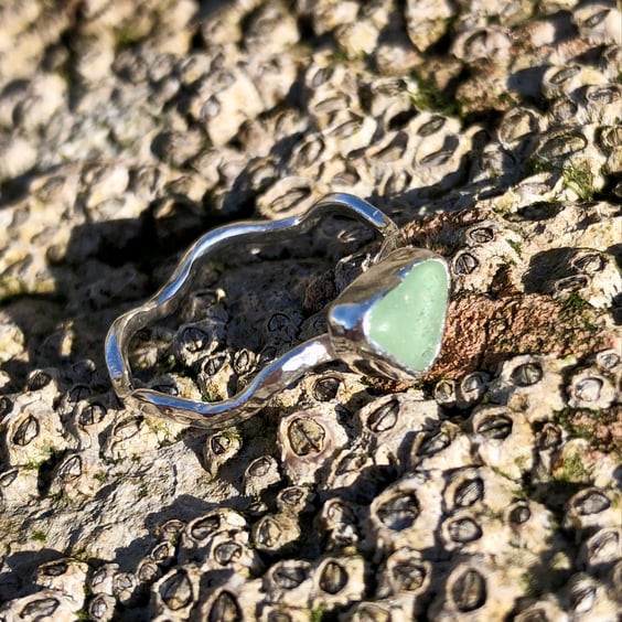 Light Teal Grey Sea Glass and Hammered Sterling Silver Ring - Size P.5 - 1061