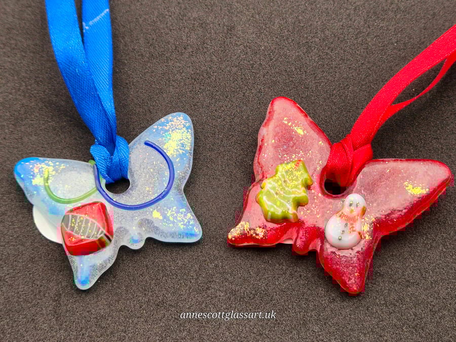 Two Handmade Fused Glass Butterfly Christmas Decoration with 3D features 