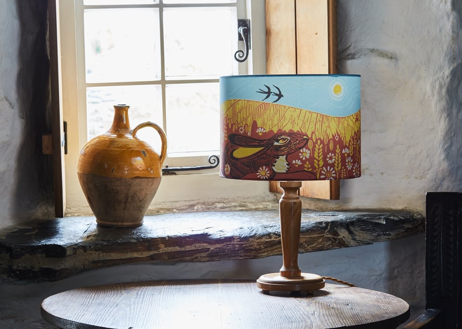 'Hare Meadow' lino print design drum lampshade