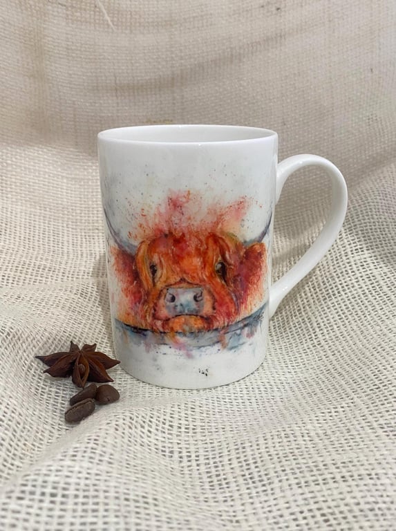 Dougal the Highland Cow Watercolour on a Bone China Mug, Wildlife Art Mugs by Wa