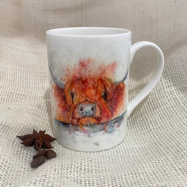 Dougal the Highland Cow Watercolour on a Bone China Mug, Wildlife Art Mugs by Wa