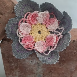 Denim Flower Brooch - Pink Detail