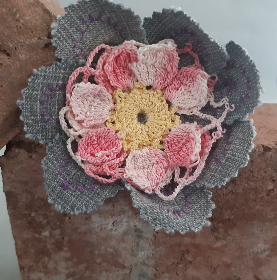 Denim Flower Brooch - Pink Detail