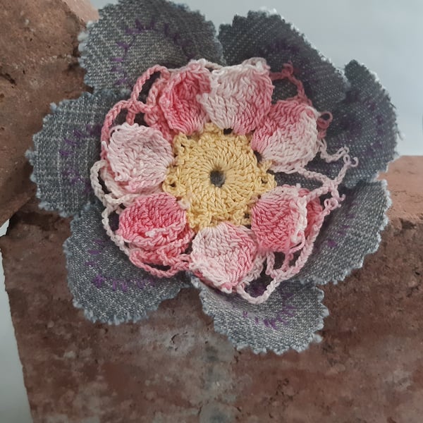 Denim Flower Brooch - Pink Detail