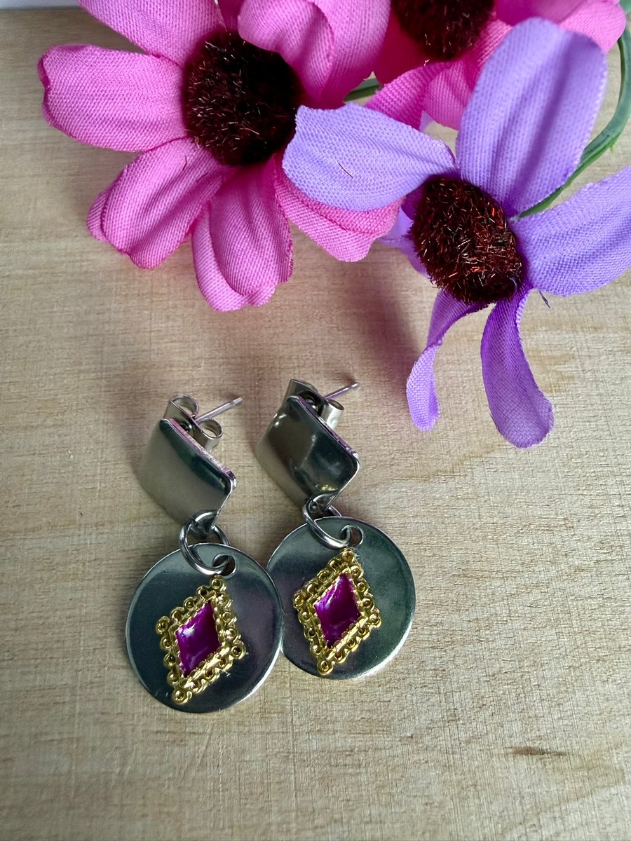 Stainless Steel Drop Earrings with Red and Gold Centre Detail